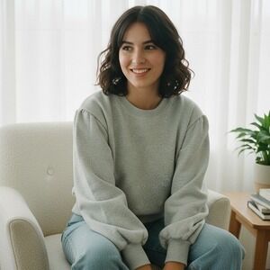 LOFT Light Gray Crewneck Sweatshirt Balloon Sleeve Pullover - Size M